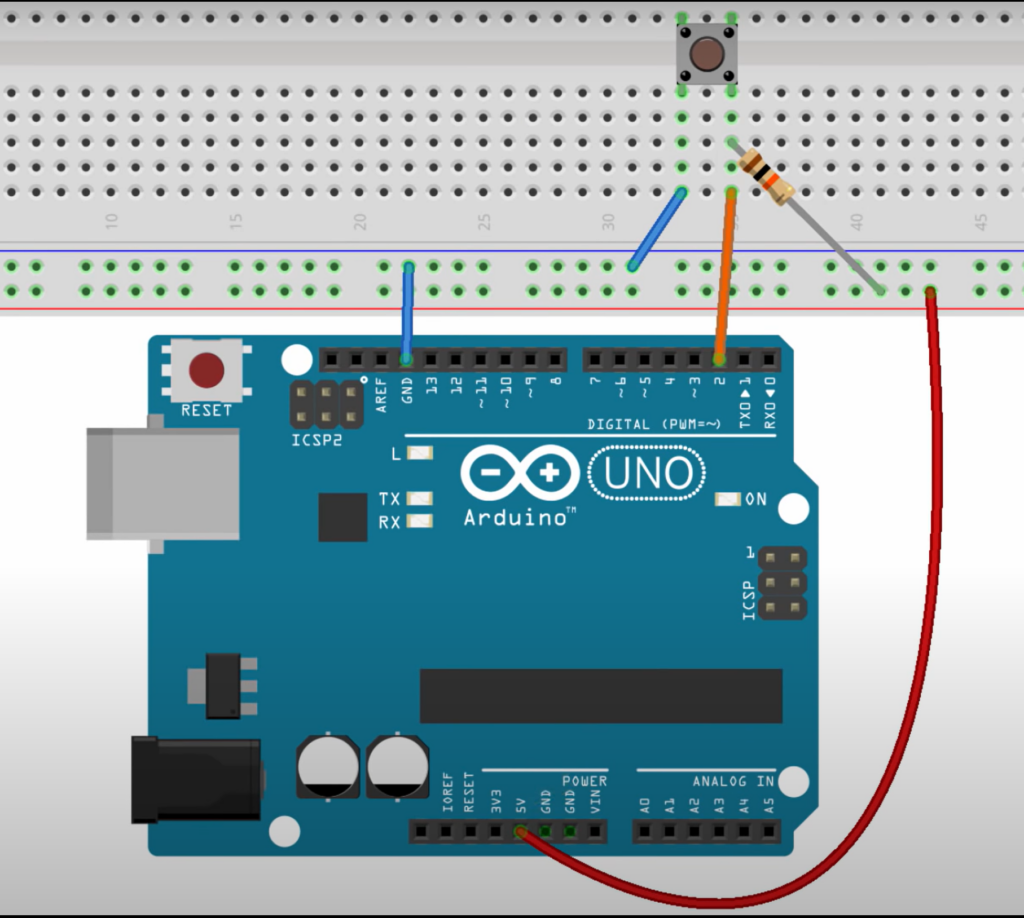 Arduino circuit showing pull up resistor, eliminating the floating pin
